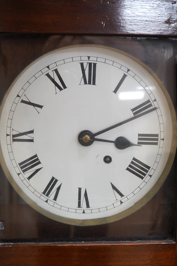 An early 20th century mahogany cased fusee wall timepiece, 84cm high. Condition - fair to good, unchecked if working